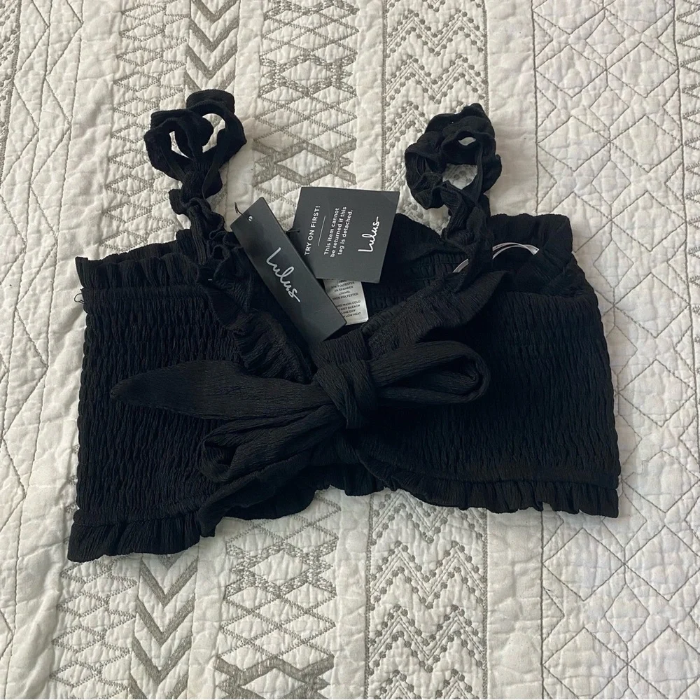 NWT Lulus Black Smocked Ruffle Crop Top - Picture 2 of 7